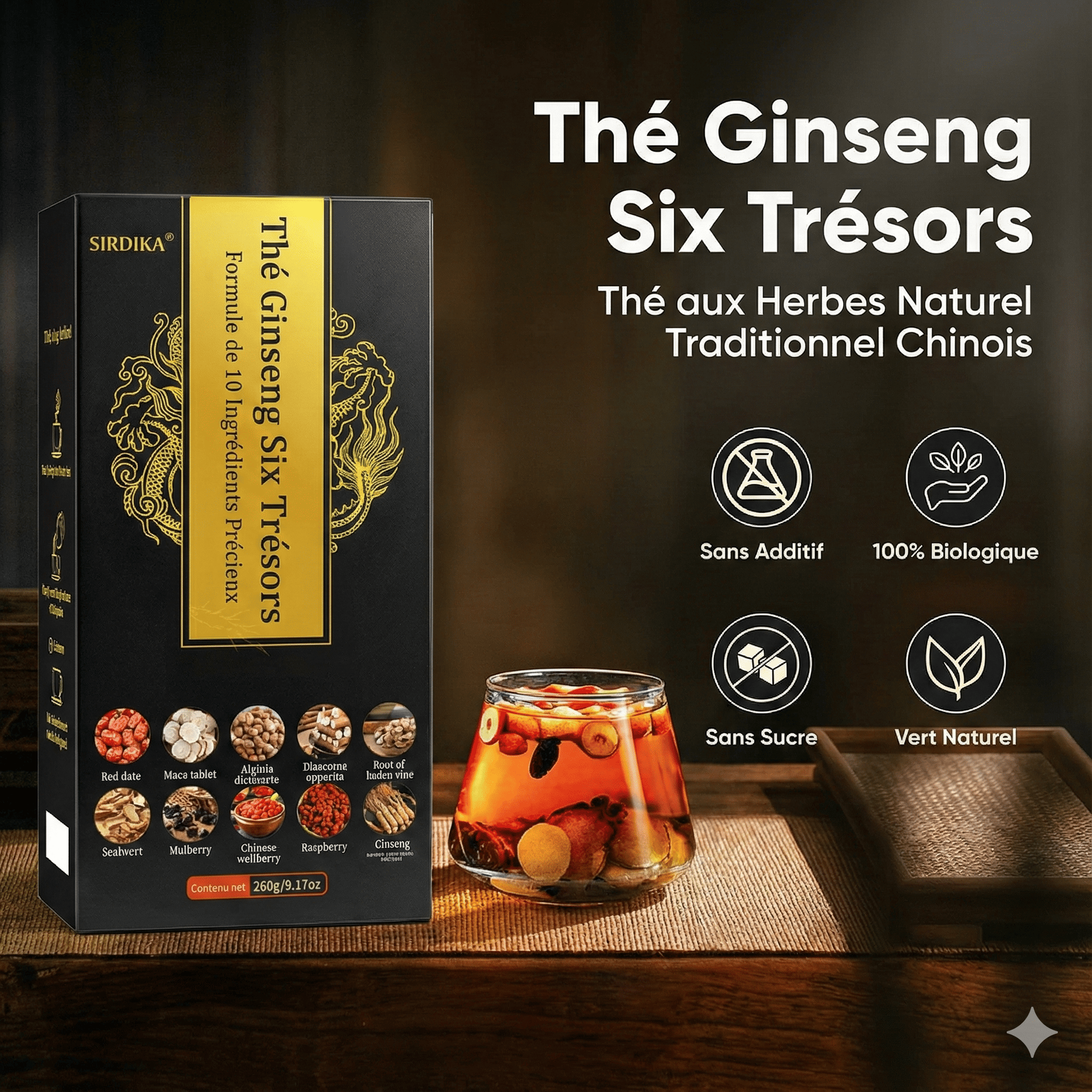 GENSTHÉ™ Thé Pour Les Reins Au Ginseng Avec Six Trésors Formule - (10 Sachets par Boîte)