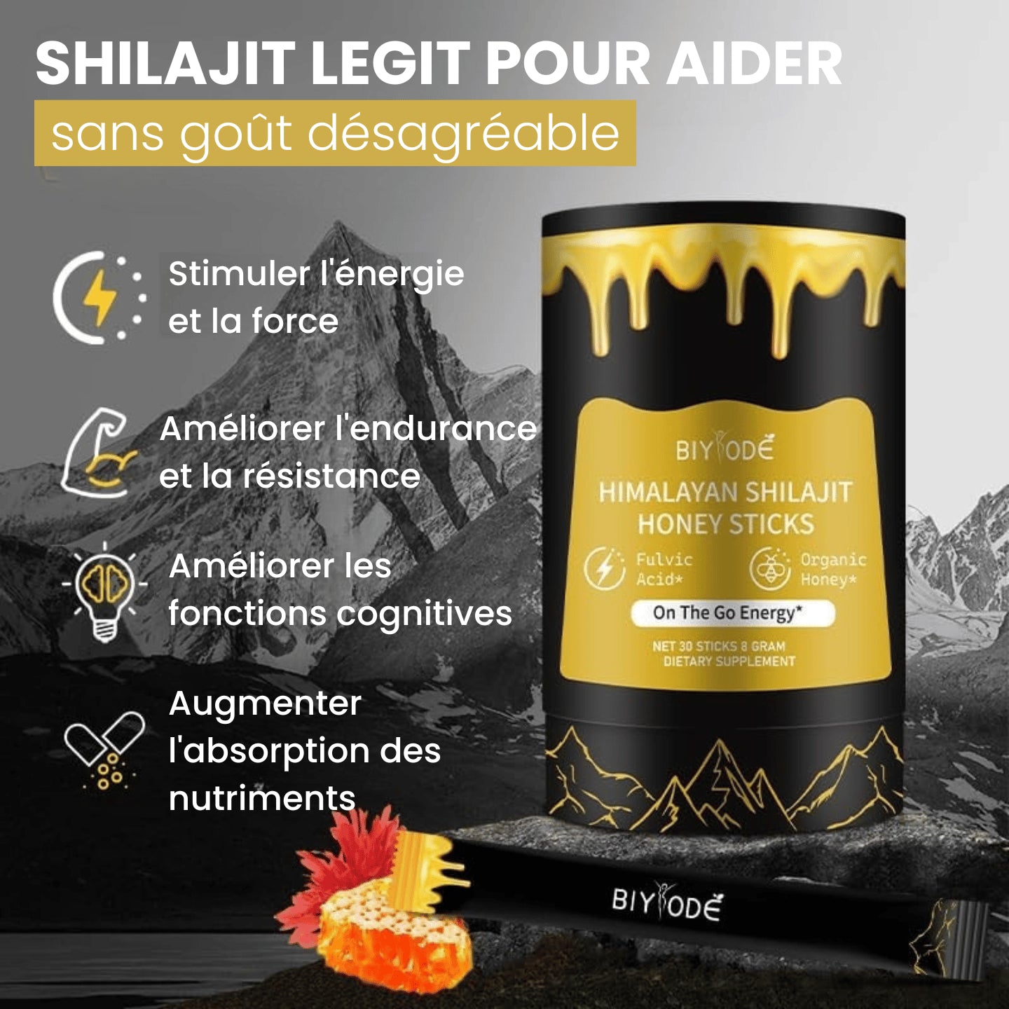 BIYODE™ Sachets de Miel de Shilajit de l'Himalaya - 30 Sachets